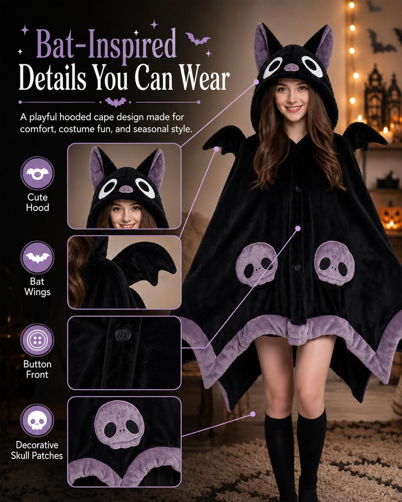 Halloween Cute Bat Wearable Blanket Hoodie Hooded Cape Costume Adult Unisex | Oversized Plush Thick Cloak with Demon