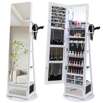Jewelry Armoire with Full Length Mirror, 360° Lockable Jewelry Organizer W/ 6 LEDs, Rear Storage Shelves, Large