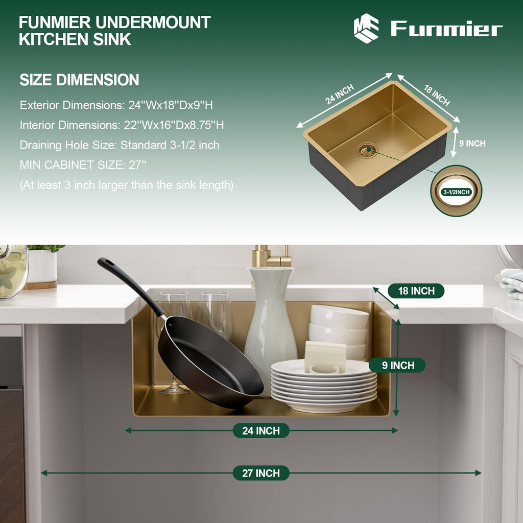 24 Gold Stainless Steel Undermount Kitchen Bar Sink with Offset