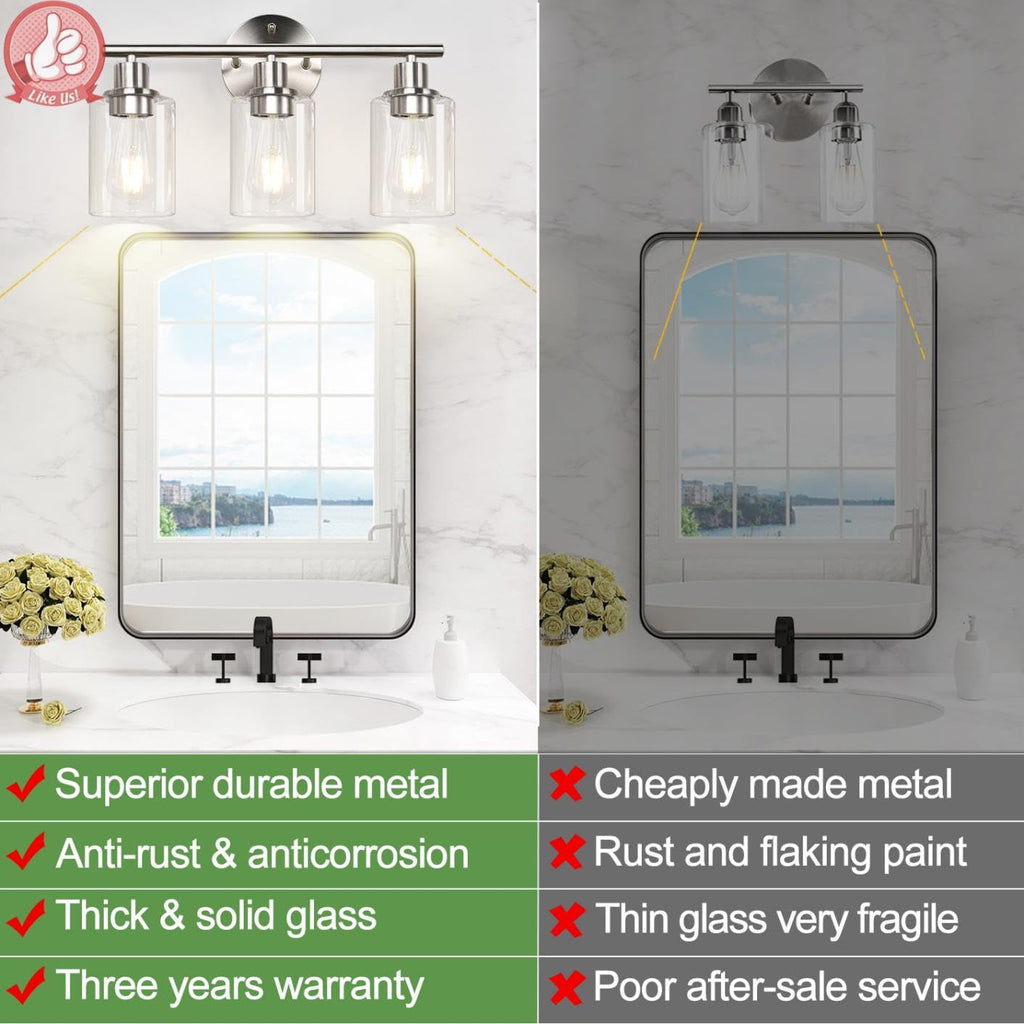 3-Light Bathroom Light Fixtures, Brushed Nickel Vanity Light, Farmhouse Wall Lights with Clear Glass Shade, Bathroom