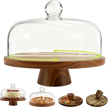 Acacia Wood Cake Stand with Scratch-Resistant Glass Dome Lid - 12-Inch Round Cake Holder with Screw-Type Base, Wooden