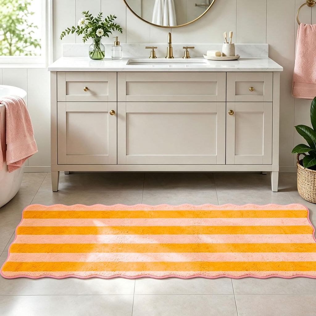 Scalloped Kitchen Runner Rug, Orange Pink Stripe, 2 x 6 Ft