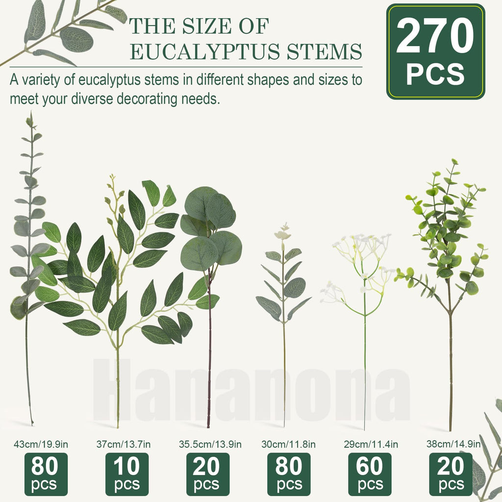 270 Pcs Mixed Artificial Eucalyptus Leaves Stems for Centerpieces