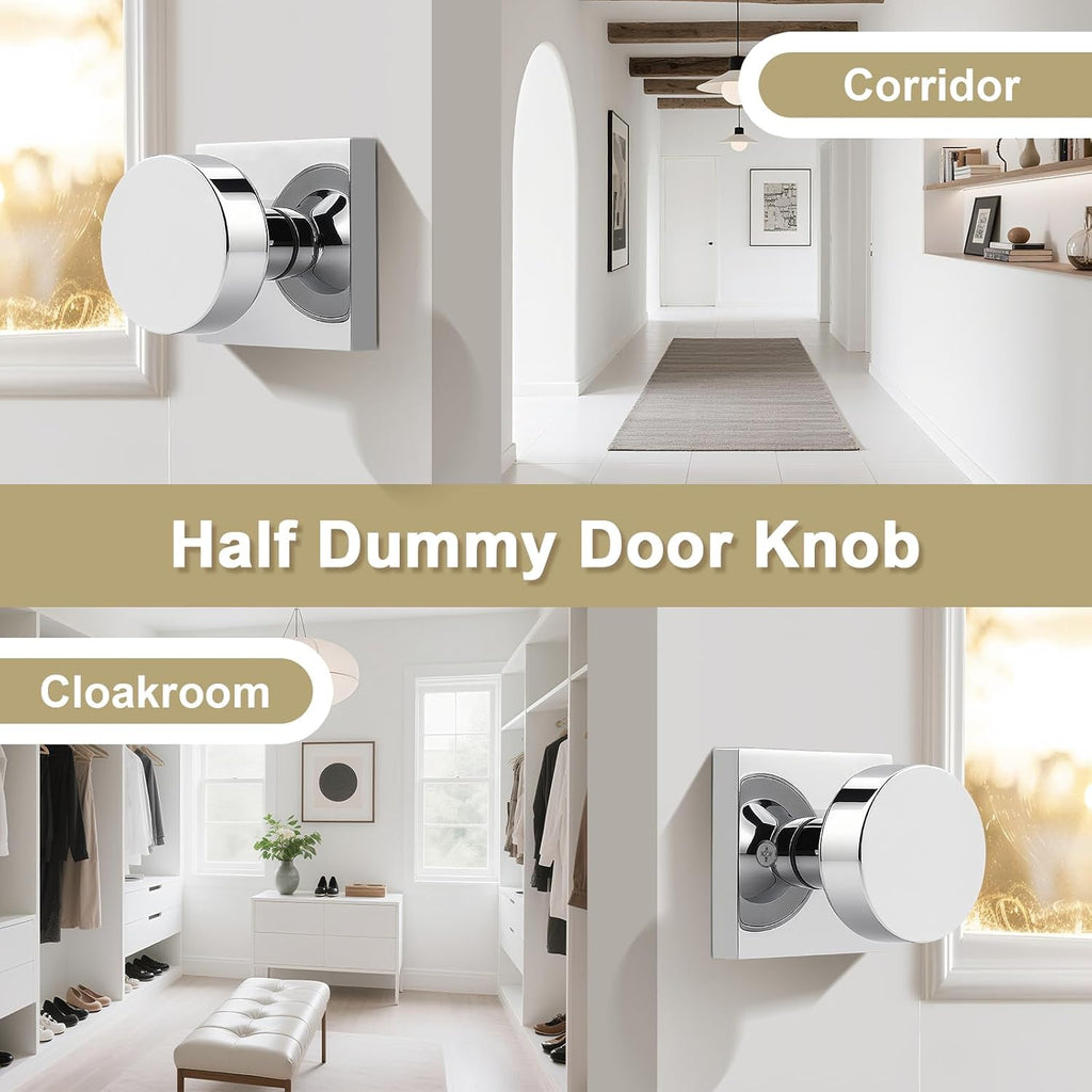 Dummy Door Knobs Polished Chrome, Interior Square Door Knobs for Closet/Hallway, Half Dummy Door Handles, Single