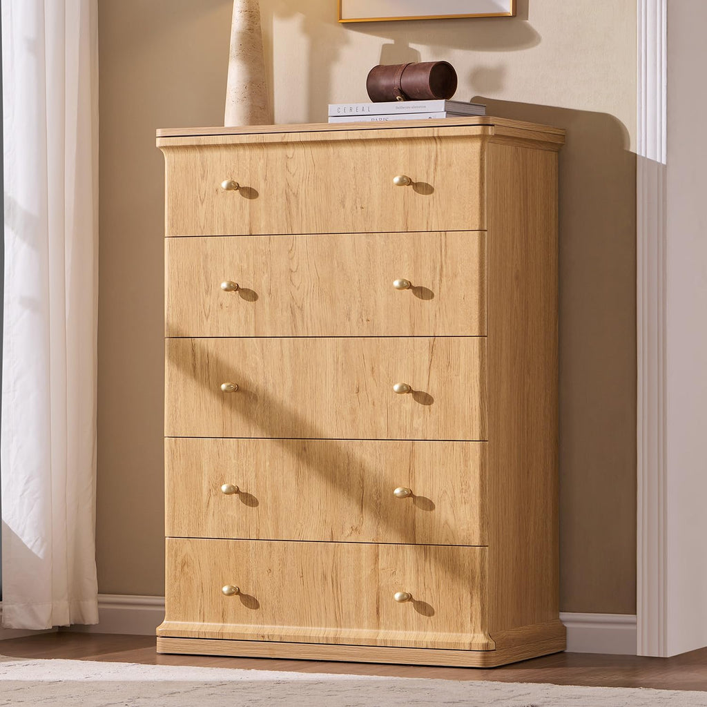 Modern 5 Drawers Dresser , 42" Tall Dressers & Chests of Drawers w/Curved Waterfall Edge, Wood Mid Century Vertical