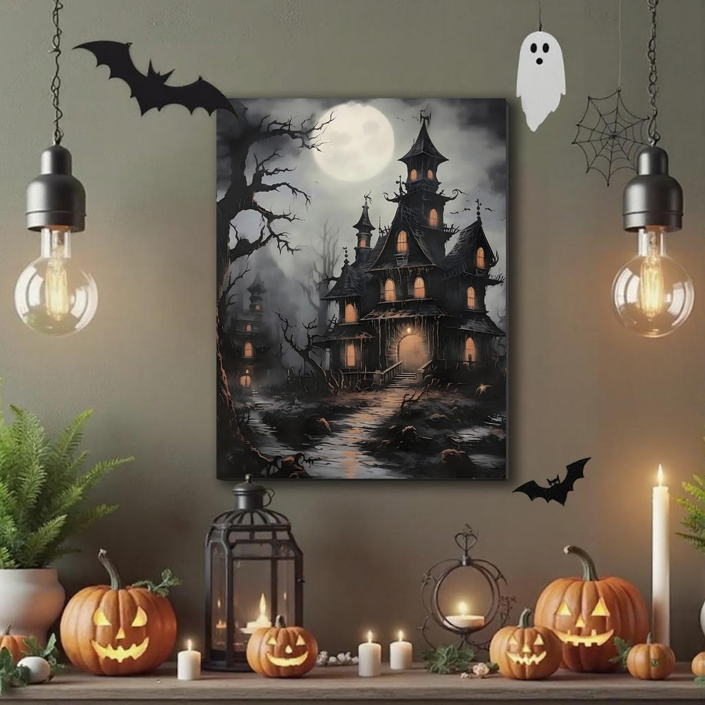 Vintage Dracula's Castle on Moonlit Night Canvas Art, Halloween Print, Horror Dark Academia Decor Pictures, Framed