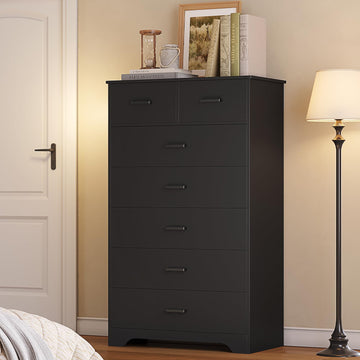 Tall Dresser, Black Large Chest of Drawers, 55.6'' High Dressers with 7 Drawers, Modern Wooden Vertical Storage