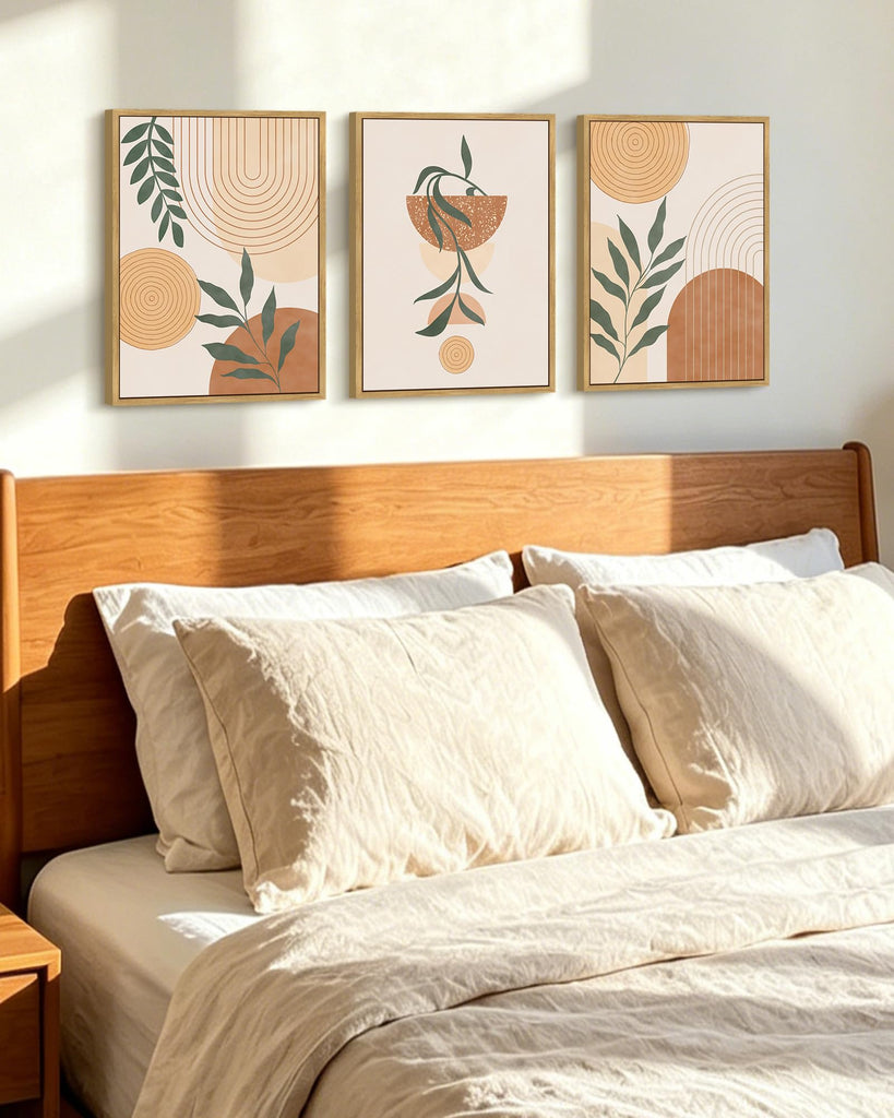 Brown Boho Wall Art Framed Botanical Mid Century Modern Wall Painting Neutral Bohemain Sage Decor for Farmhouse