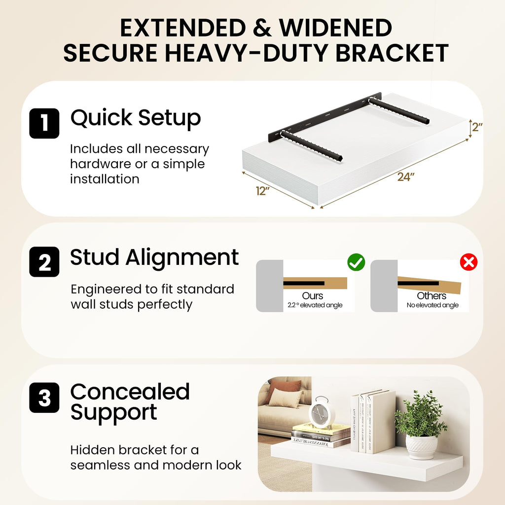 40Inch White Floating Shelves for Wall, 12 Inch Deep Shelves Wall Mounted, Rustic Wood Floating Shelf with Invisible