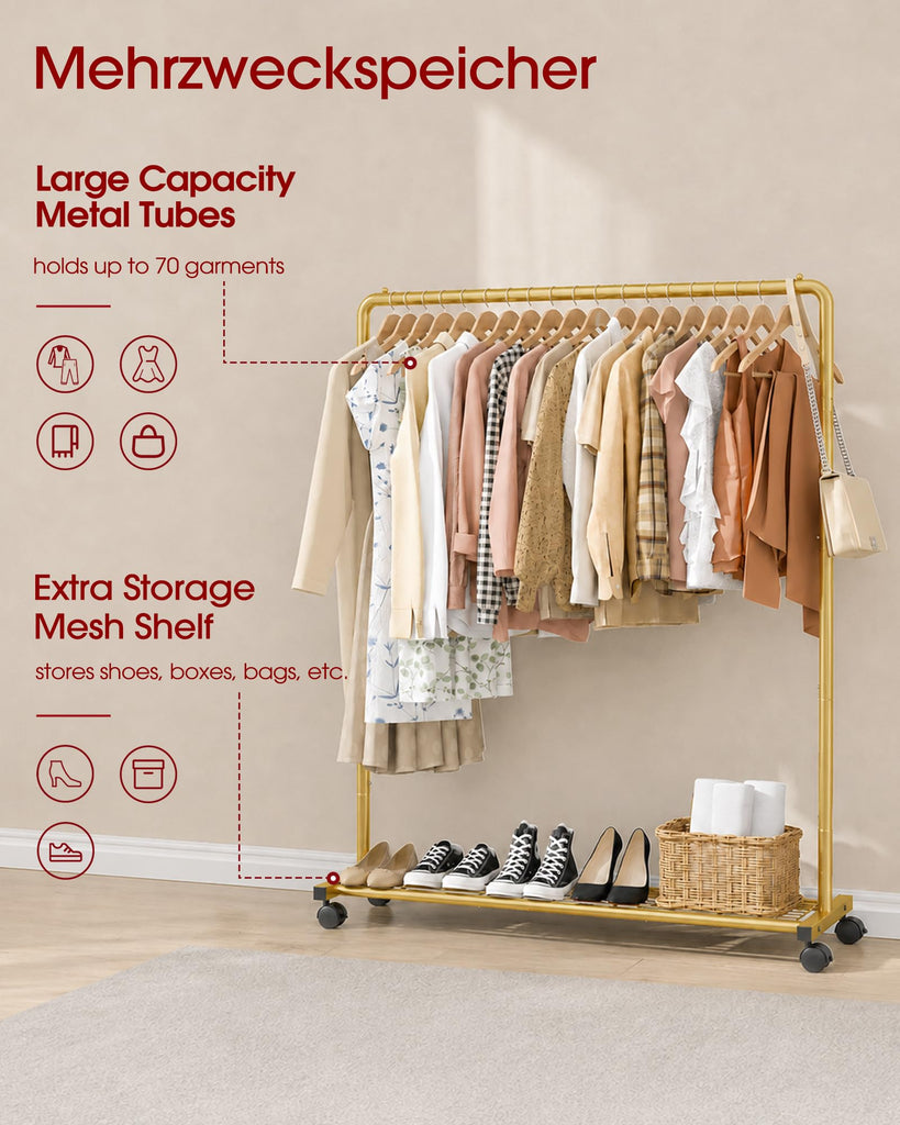 Clothes Rack - Clothing Rack with Storage Mesh Shelf & Casters, Heavy-Duty Clothing Rack for Hanging Clothes