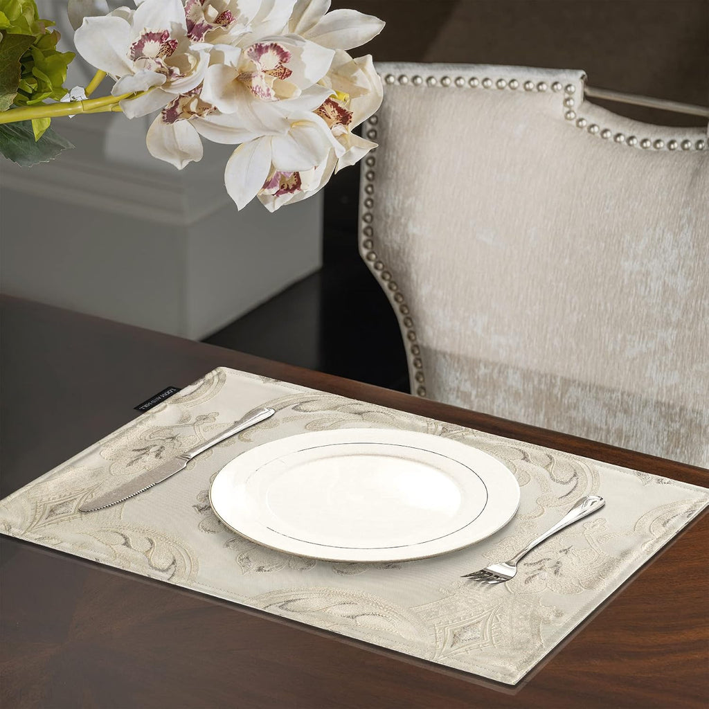 Luxury Damask Floral Placemats Set of 6, Light Apricot | Double Layer Design Jacquard Dining Table Mats Room