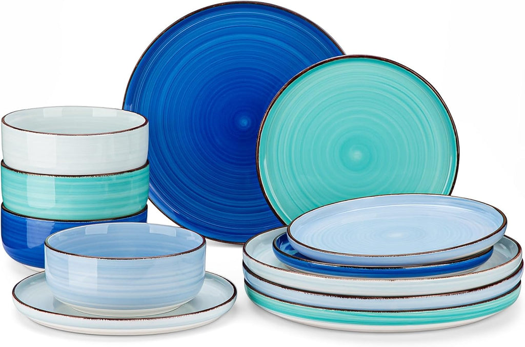 Bonita Blue Dinnerware Sets, Plates and Bowls Set for 4, 12 Pieces Stoneware Dinnerware Set
