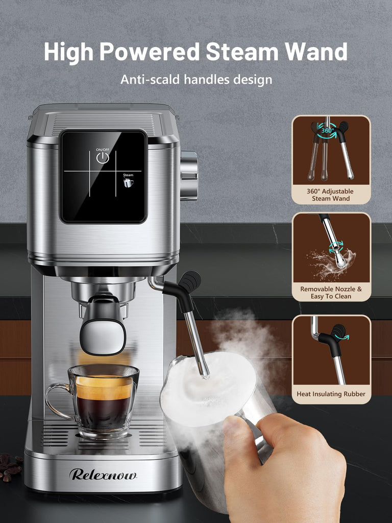 Espresso Machine, 20 Bar Espresso Maker Milk Frother & LCD Panel, Hot & Iced with Rapid Cold Brew, Stainless Steel