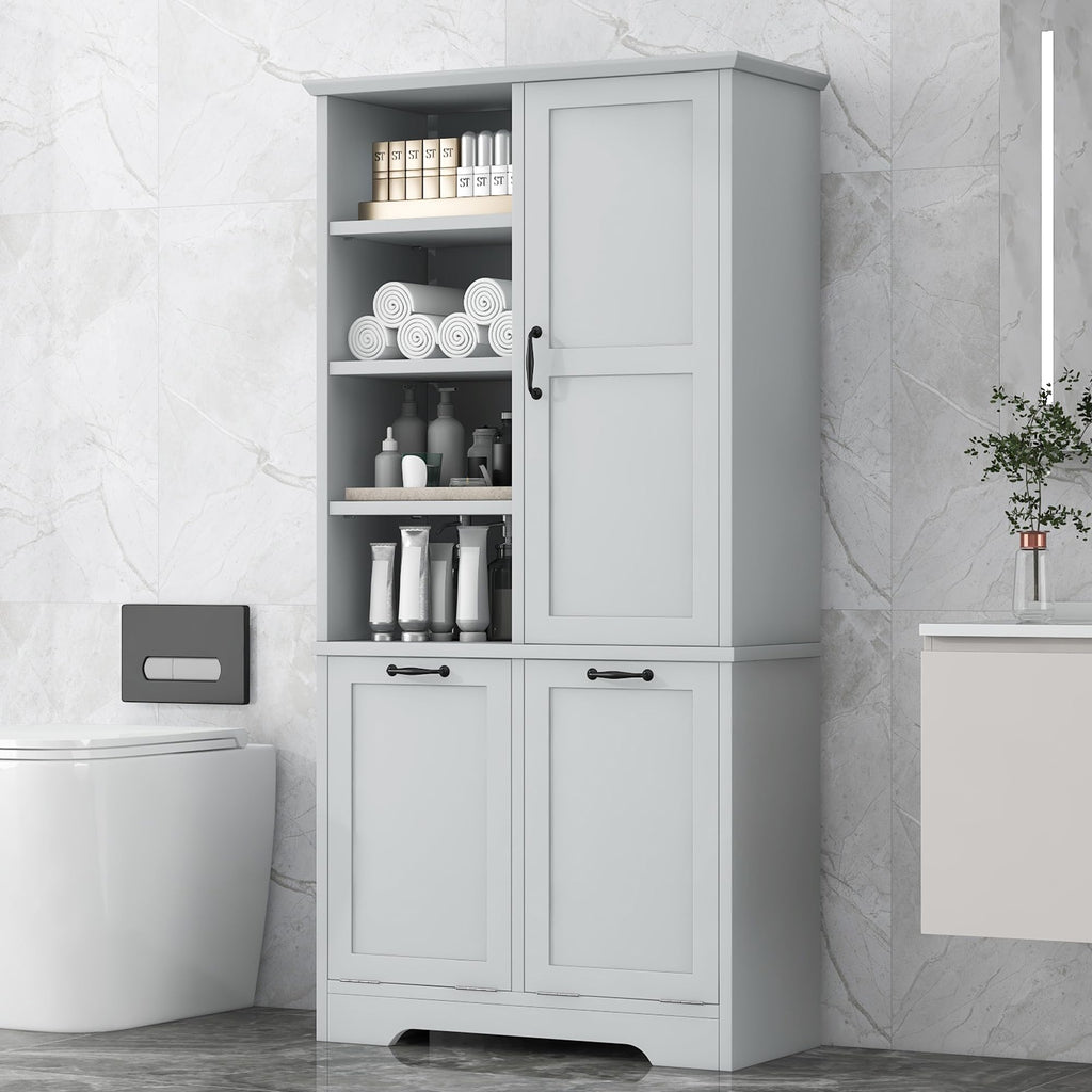 Tall Laundry Cabinet with 2 Tilt Out Laundry Hamper, Wood Bathroom Storage Cabinet with Doors and Adjustable Shelves