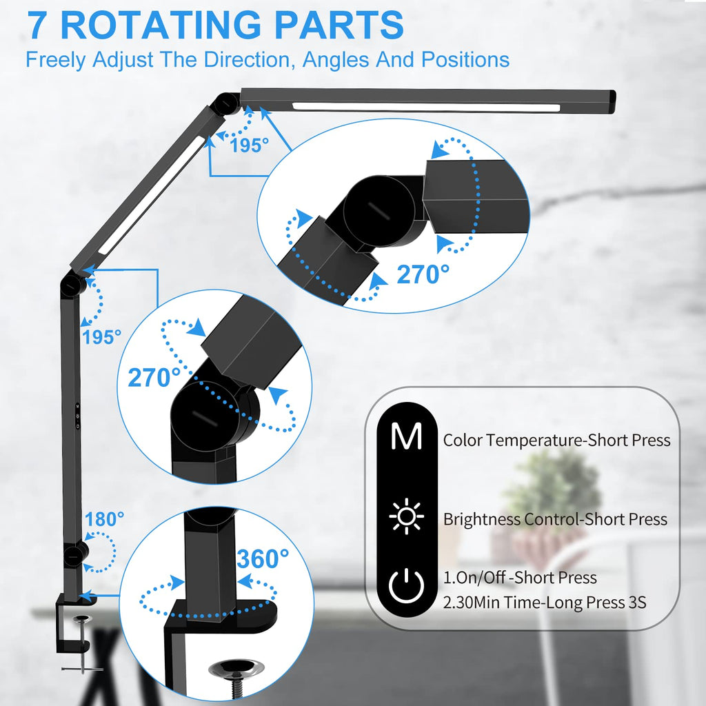 LED Desk Lamp with Clamp, Architect Desk Lamp with Remote Control, Swing Arm Clamp on Computer Light, Clip-on