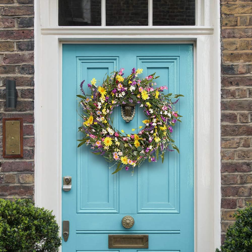 Spring Wreath 24 Inch Summer Wreaths for Front Door Artificial Flower Wreath with Daisy and Lavender Outdoor