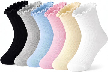 Ruffle Socks for Girls, White Cute Frilly Crew Dress Socks for Kids 6 Pairs