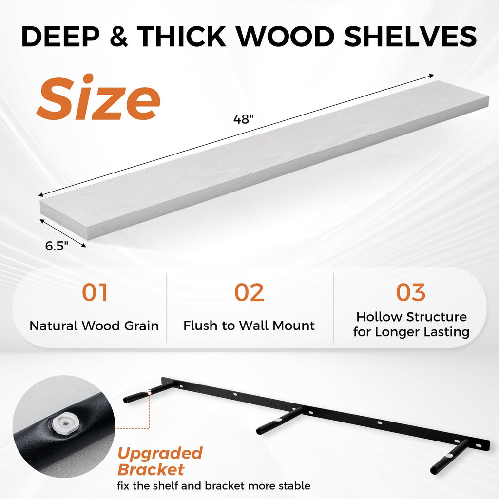 White Floating Shelves for Wall, 48 Inch Floating Shelves Decor, Wall Mounted Rustic Wood Shelves, Bathroom, Hanging