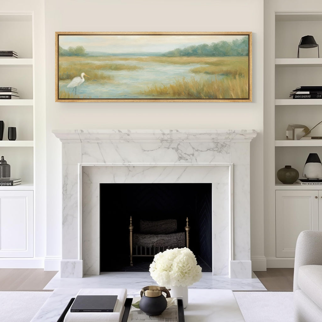 Large Framed Canvas Print Wall Art Coastal Marsh Egret Landscape Tranquil Wetland Illustrations Decorative Multicolor
