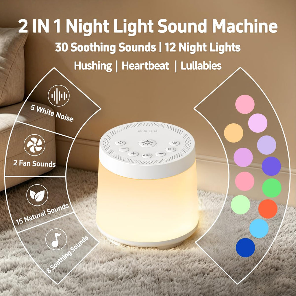 Rechargeable Nursery Night Light Sound White Noise Machine for Baby Kids Adults with Sounds 30 Sleeping Sounds 12