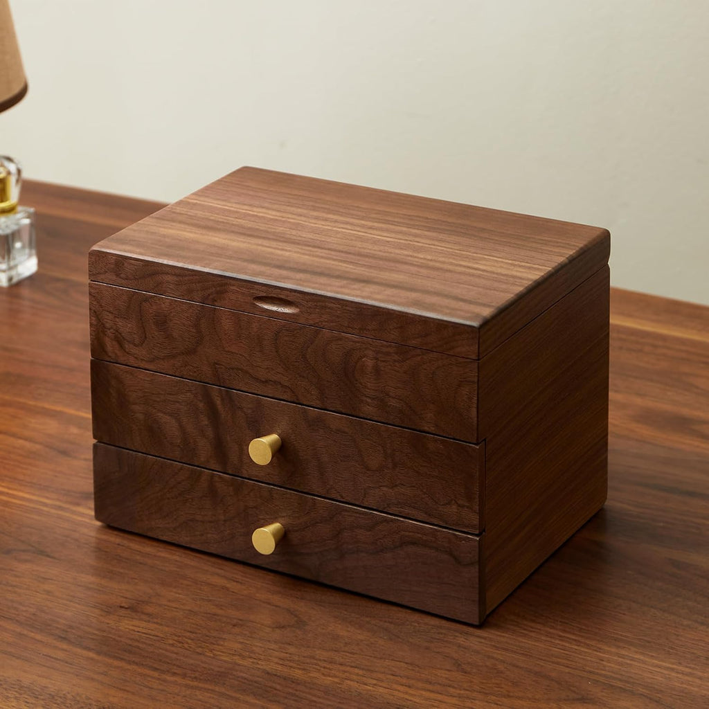 Black Walnut 3 Layer Wooden Jewelry Box Organizer