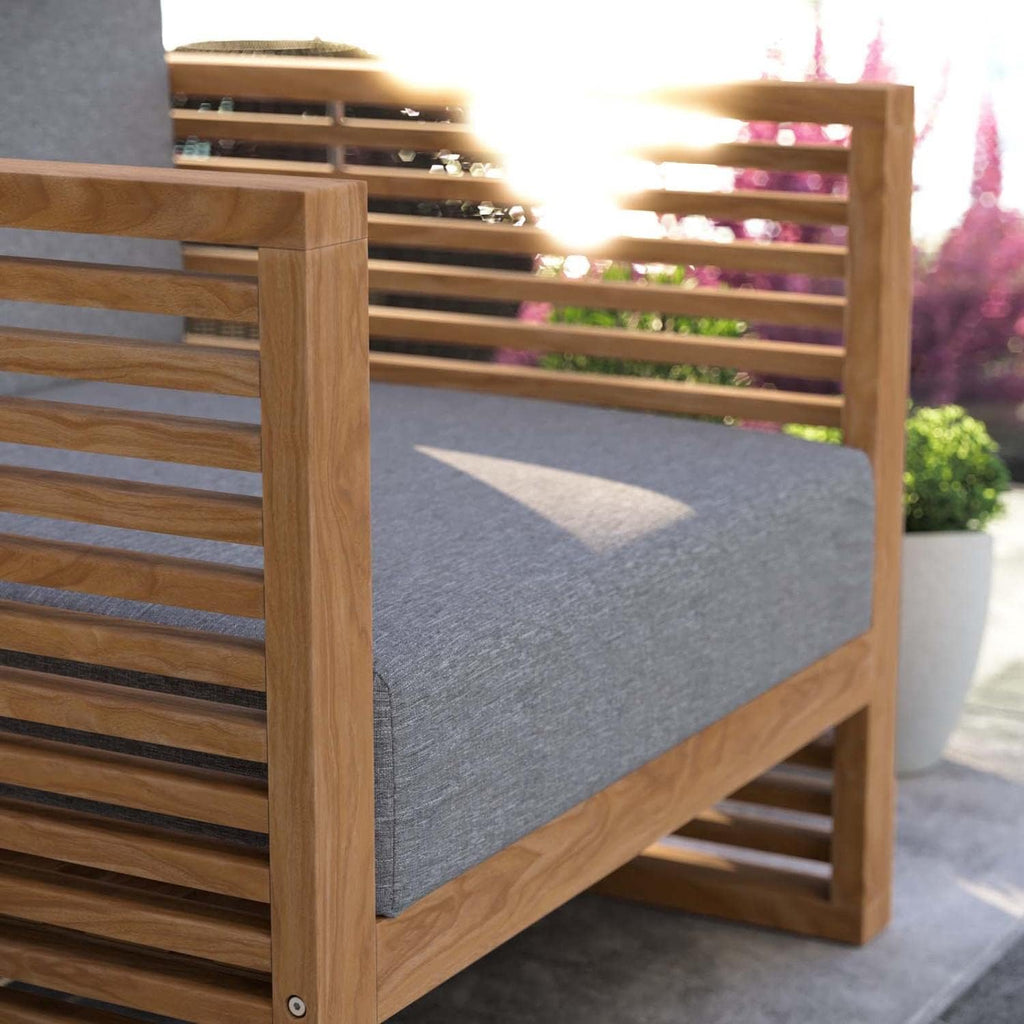 Carlsbad Modern Fabric/Teak Wood Outdoor Armchair in Gray/Natural