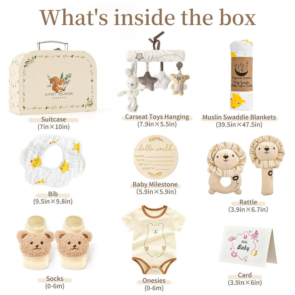 9pcs Newborn Baby Gift Baskets for Boys Girls Baby Shower, 2 Rattle/Seat Hang Toy/Blanket/Bodysuit/Bib/ 3D Socks/Wood