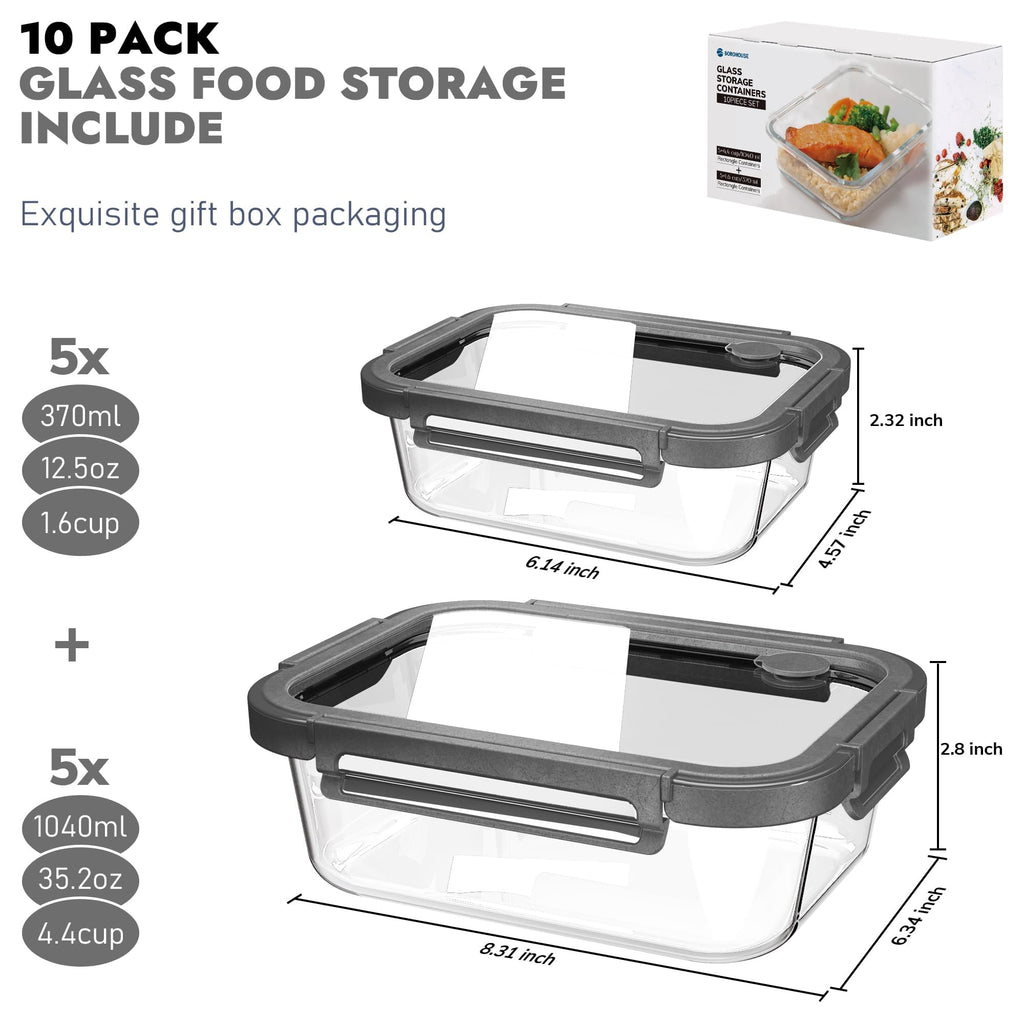 Glass Food Storage Containers with Tempered Glass Lids - Borosilicate, Airtight, Oven-Safe (-4°F~950°F)