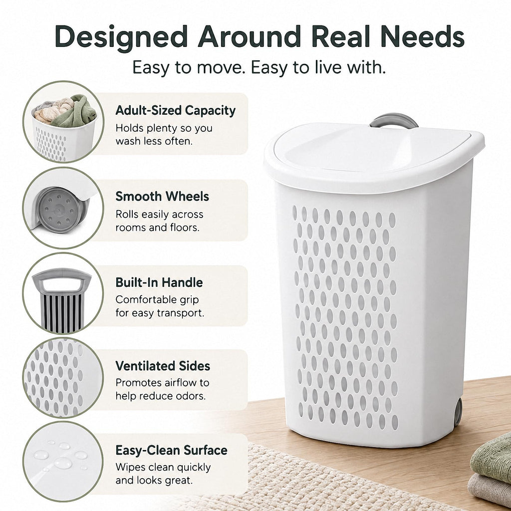 Rolling Laundry Hamper with Wheels & Handle, Plastic Basket with Lid,2-Pack