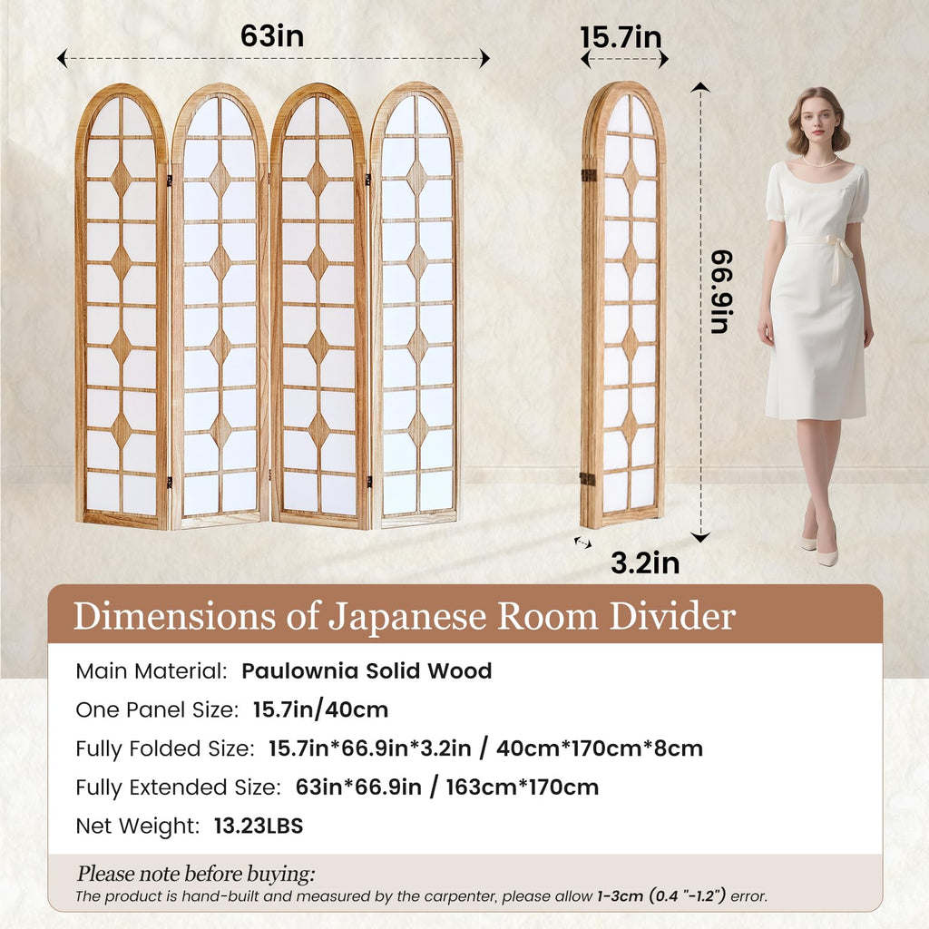 4 Panel Room Divider, Folding Shoji Screen, Natural
