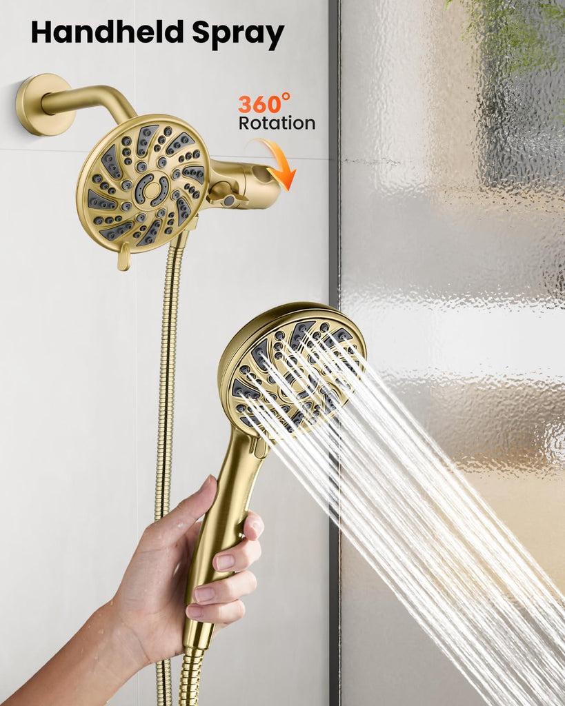 Dual Shower Head Kit with Valve 6 Mode Handheld Brushed Gold