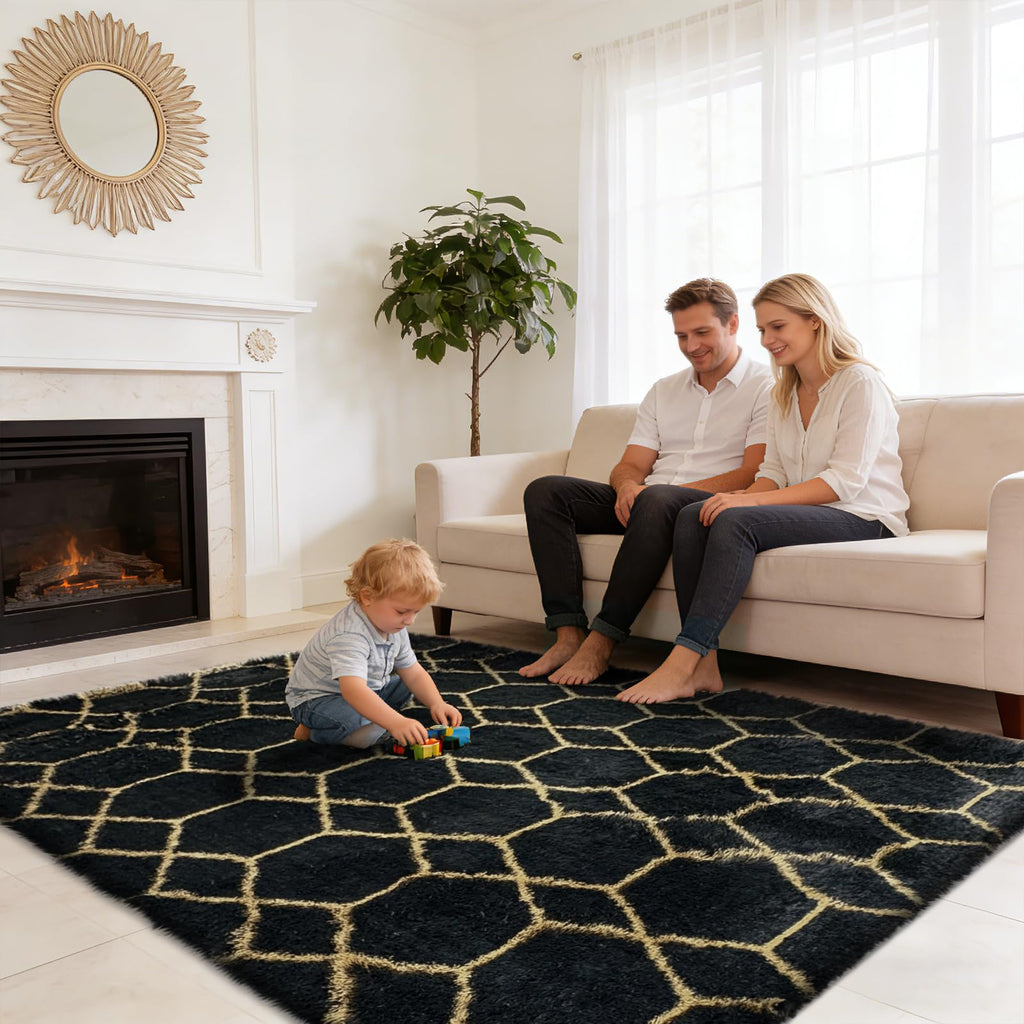 5x8 Shag Area Rug, Black and Gold Fluffy Rugs