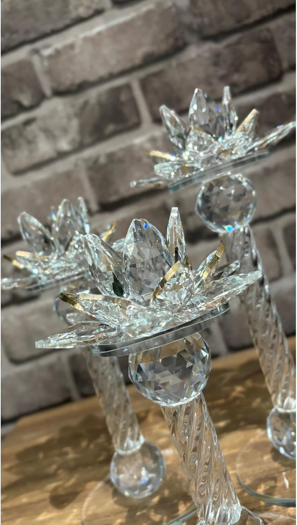 Quality Crystal Glass Lotus Candlestick Set 3-Piece Gold Tone - Decorative Candle Holders Decor - Gold