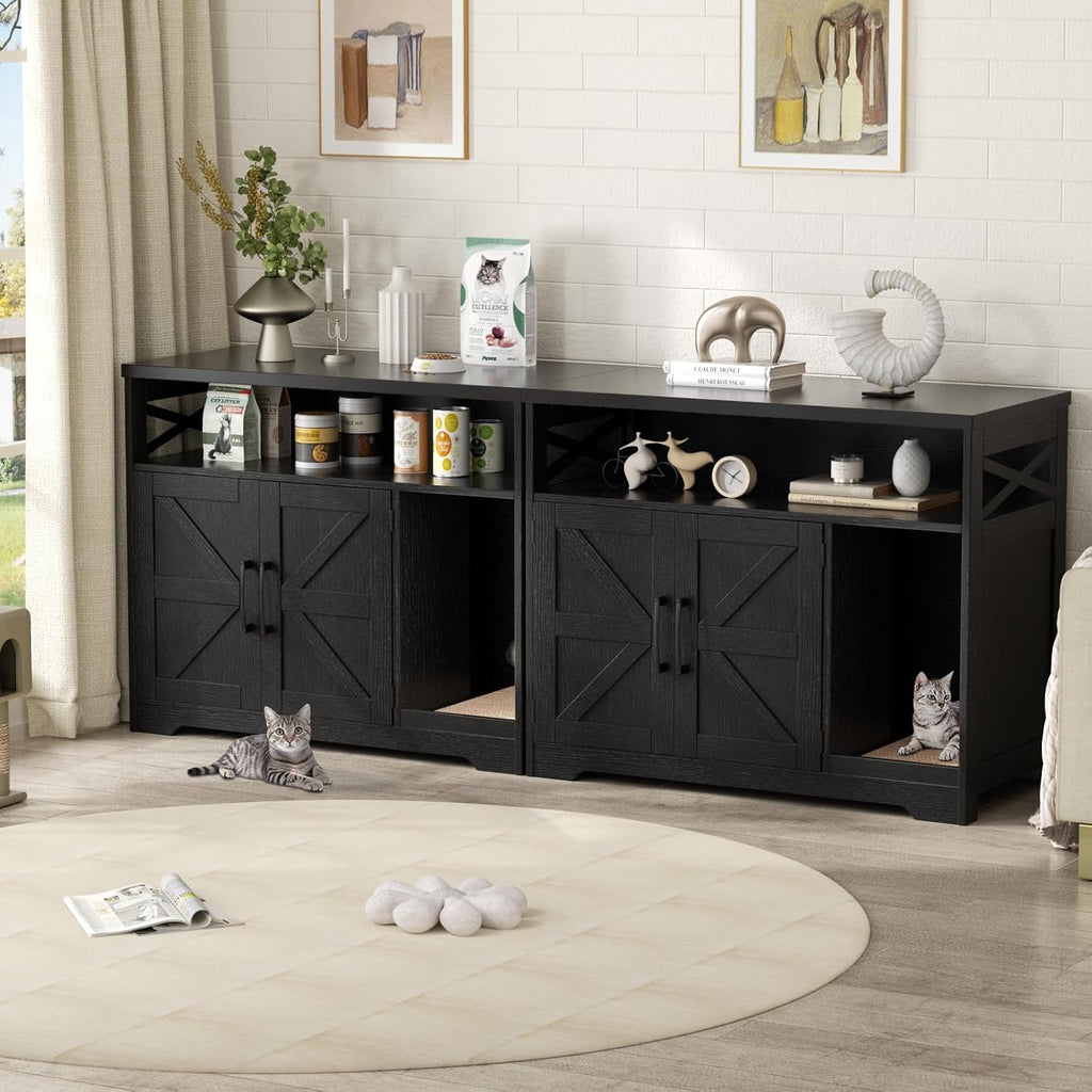 Cat Litter Box Enclosure, Hidden Litter Box Furniture with Scratch Pad, Farmhouse Indoor Cat House Washroom End