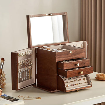Black Walnut Wooden Jewelry Box for Women, 4 Layer