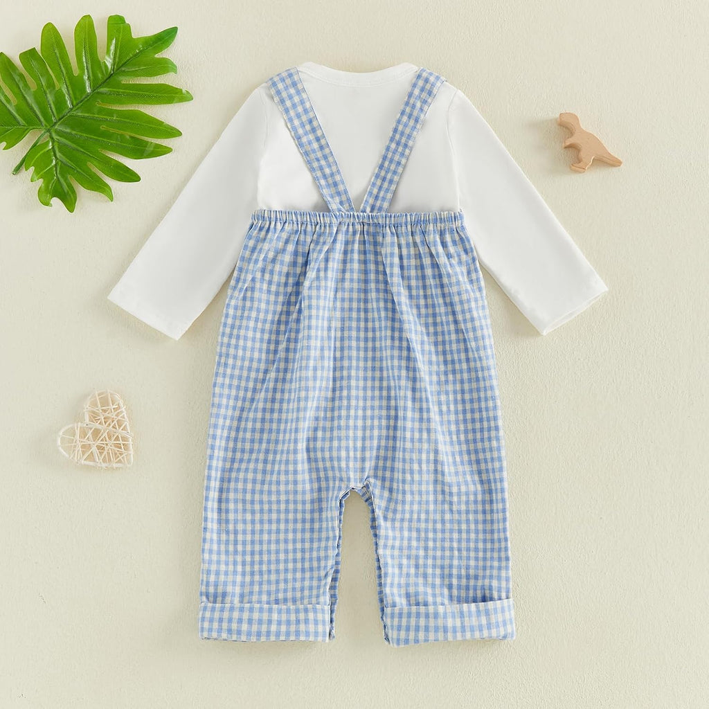 Newborn Infant Baby Boy Clothes Long Sleeve Romper Top Gingham Plaid Overall Pants Hat 3Pcs Fall Winter Outfits Set