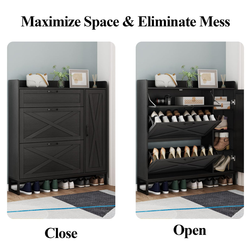 Free Standing Shoe Cabinet with 2 Flip Drawers and Adjustable Side Cabinet