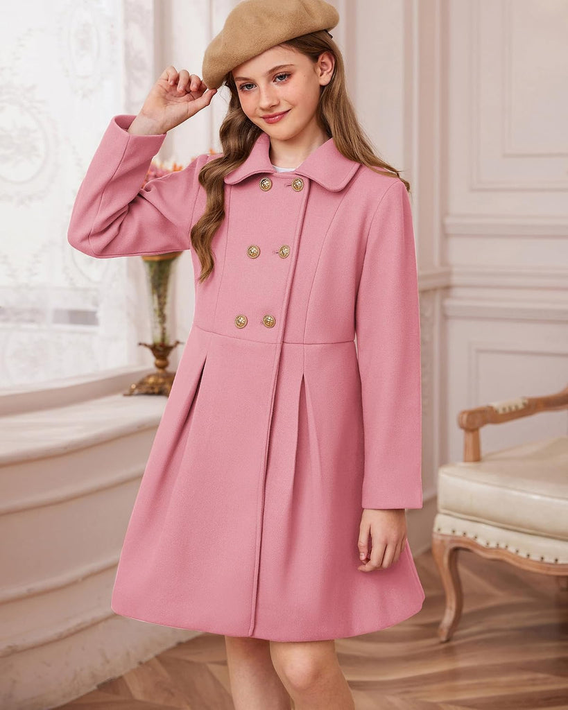 Girls Dress Coat Wool Peacoat with Lapel Pockets Winter Warm Long Jacket for Kids