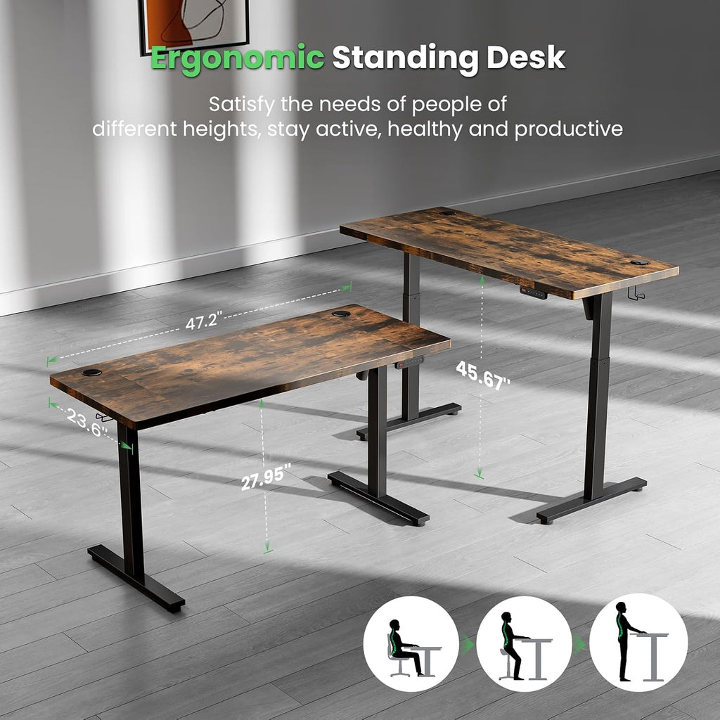 48 x 24 Inch Electric Standing Desk, 0.8 Inch Thick Tabletop | Smooth Height Adjustment, 200lbs Stability, 3 Memory
