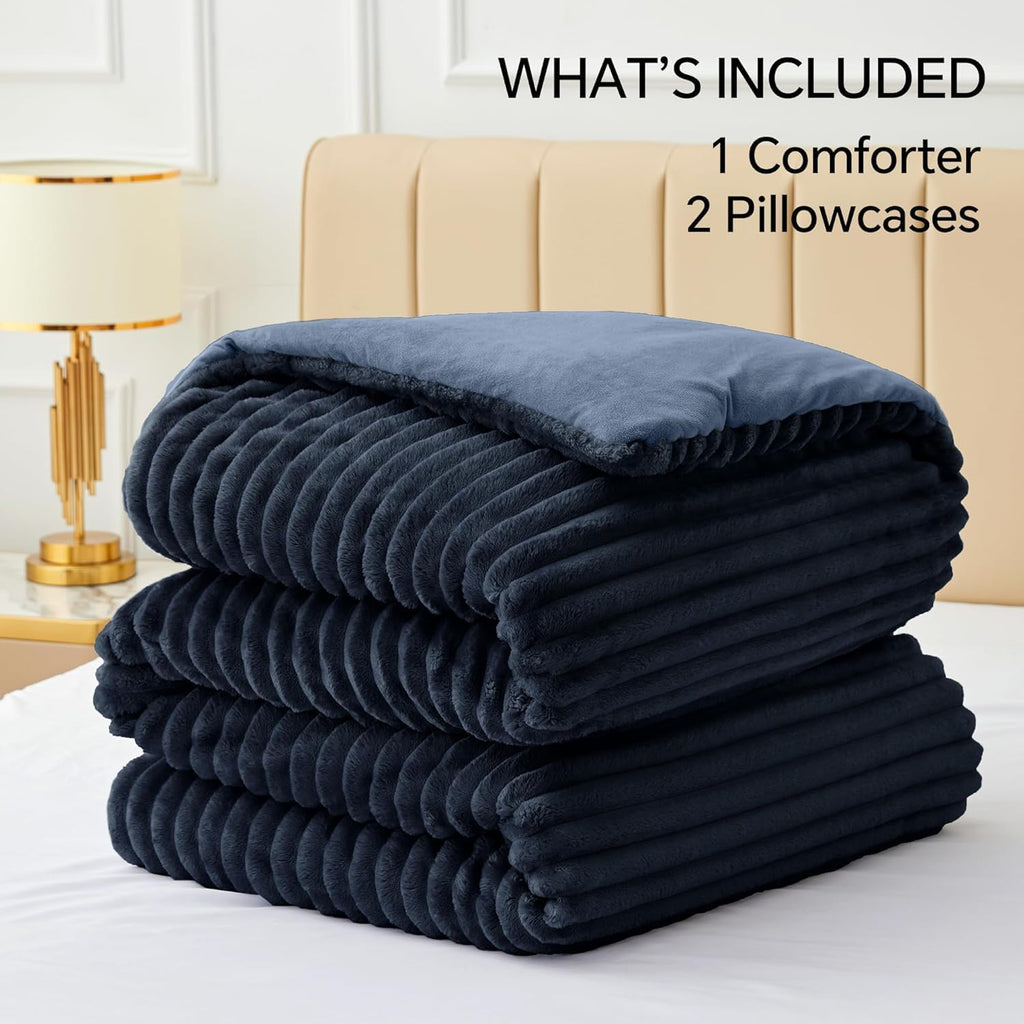 Fleece Oversized Comforter Set, Fluffy Bed Set, Navy Blue