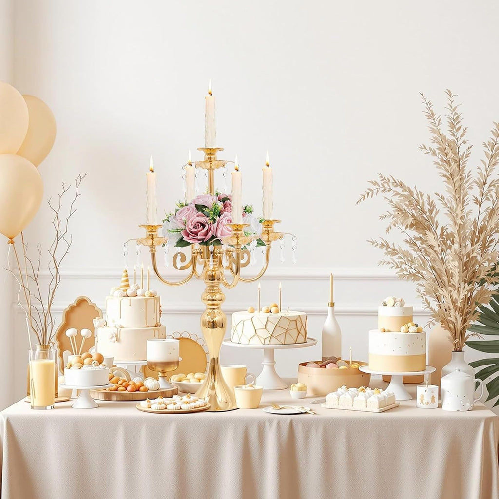 5-Arm Candle Centerpieces for Tables: Gold Metal Candle Holders, Vintage Candelabra Centerpieces, 20.3" Tall