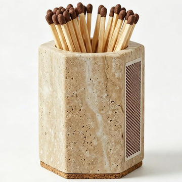 Hexagonal Travertine Match Holder with Striker, Large 3.2" x 2.6" Luxury Natural Stone Matches Jar with Cork Base