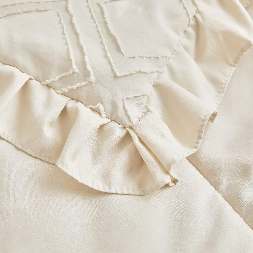 Mini Crib Bedding Set 3 Pieces Baby Boho Quilted Tufted Ruffles Comforter with Fitted Sheet and Ruffled Bed Skirt