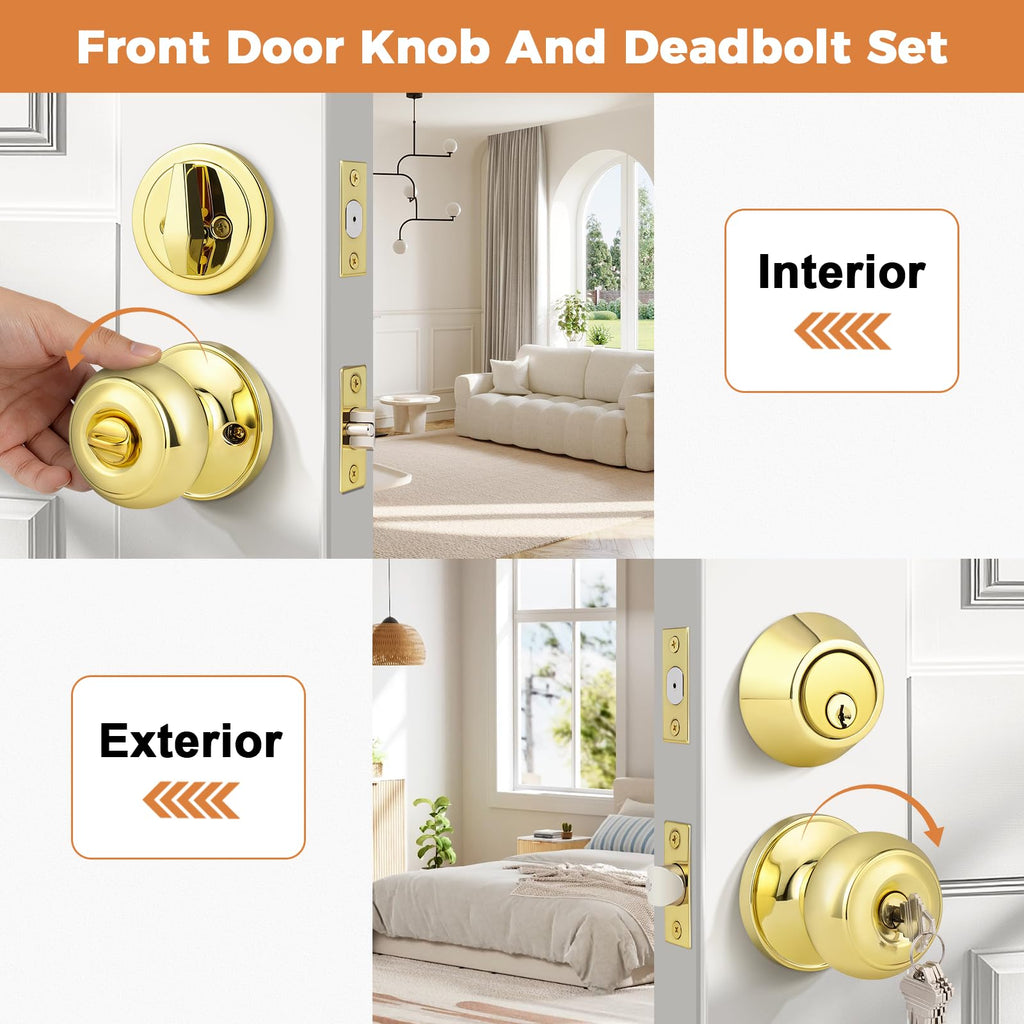 Polished Brass Entry Door Knob Lock Set and Single Cylinder Deadbolt Combination Set, Keyed Alike, 3 Pack