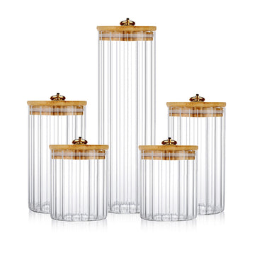 Glass Storage Jars Set of 5, Coffee Bar Canister with Airtight Bamboo Lid