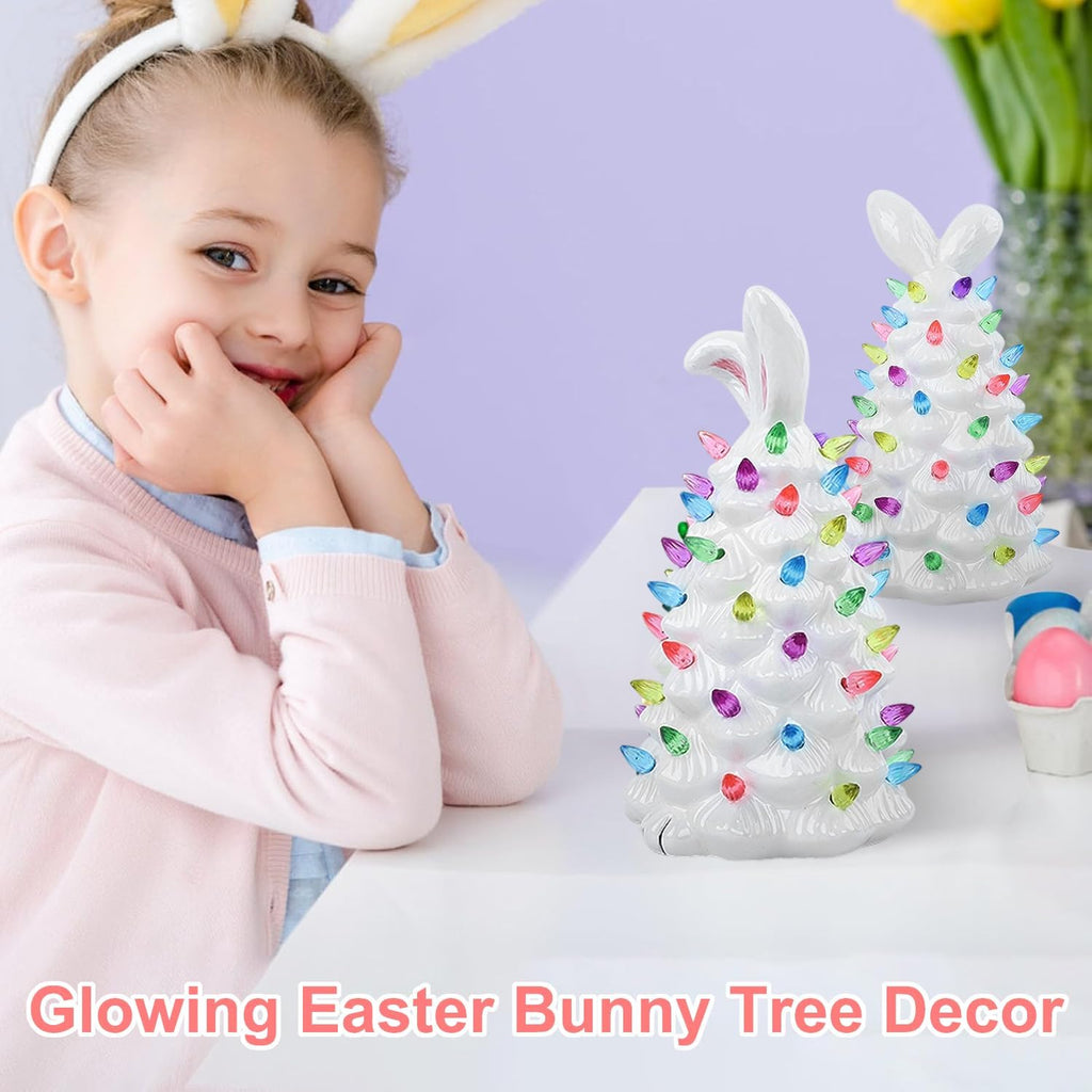Lighted Easter Bunny Decorations, Ceramic Bunny Tree Figurine Night Lights, 10" Easter Gifts Cute Ornaments Table