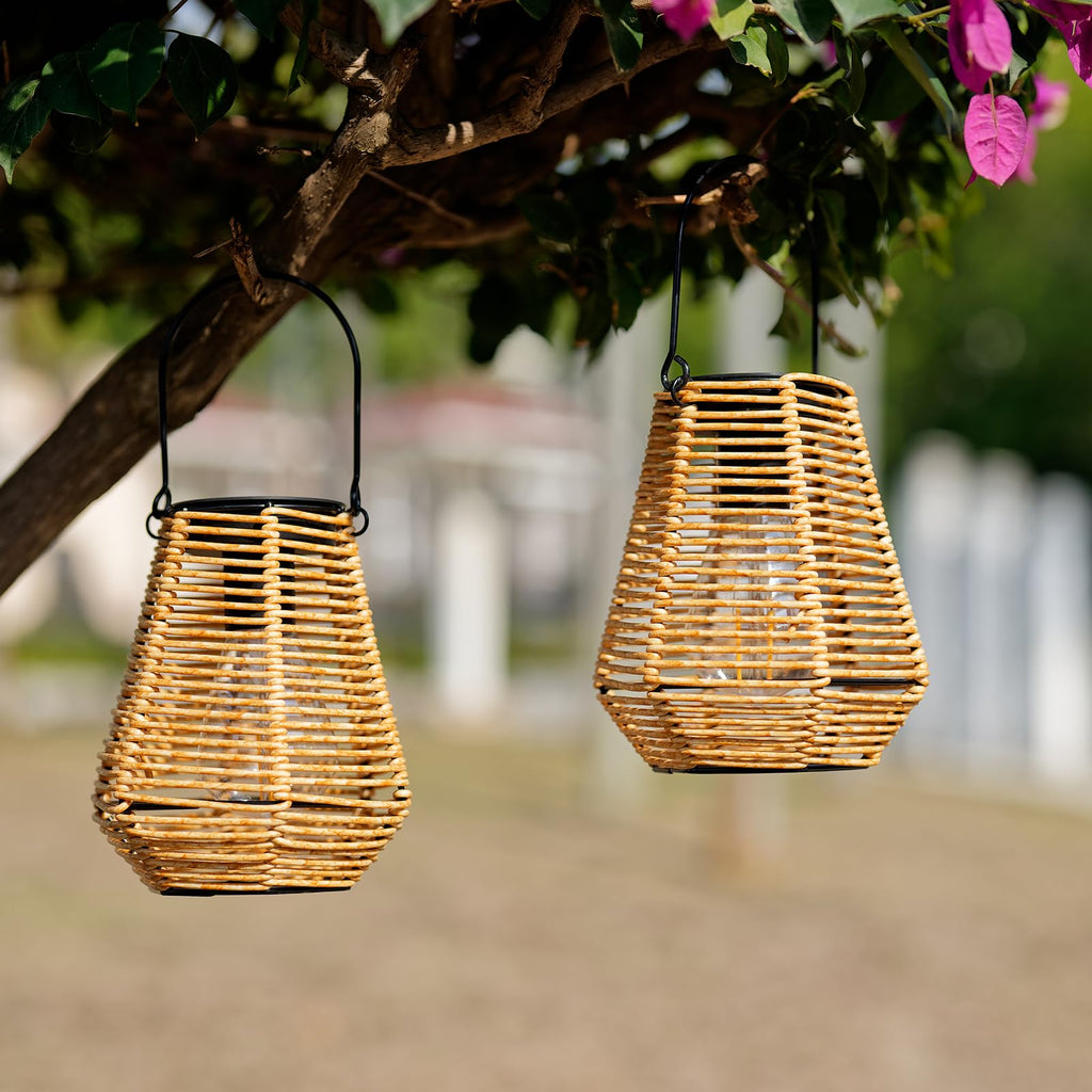 Solar Rattan Lanterns Waterproof 2 Pack, Solar Hanging Lights