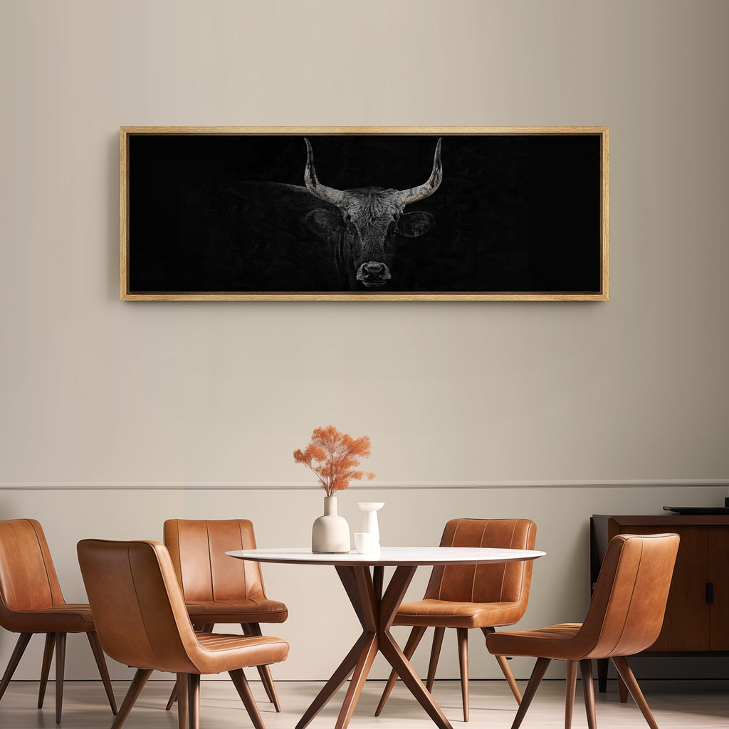 Large Framed Canvas Print Wall Art Monochrome Bull Illustrations Modern Art Relax/Calm Warm - 60"x20"