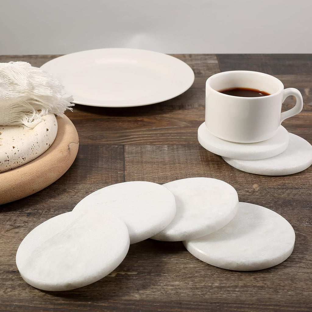 White Marble Coasters for Coffee Table, 3.9" Inches Handmade Round Coaster, Luxury Aesthetic Modern Drink - Set of 6