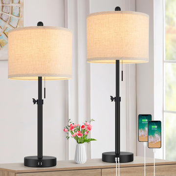 Adjustable Table Lamps Set of 2, 23''-30'' Height Adjusted Bedside Lamps with 2 USB Ports, Black Nightstand Lamps